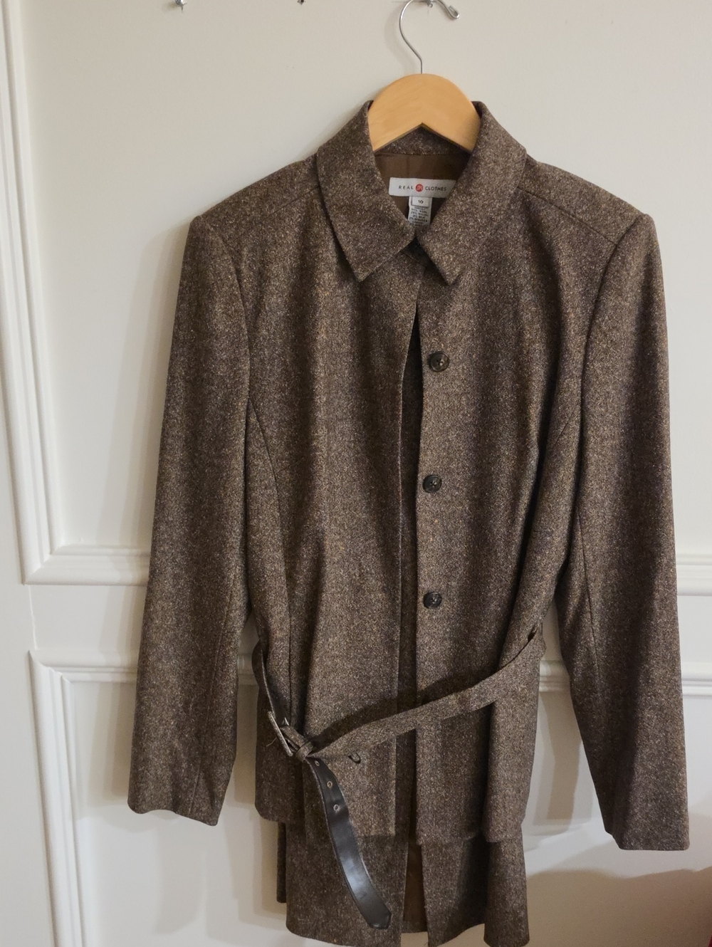 Women's Brown Wool Blend Button Jacket with Skirt And Belt.